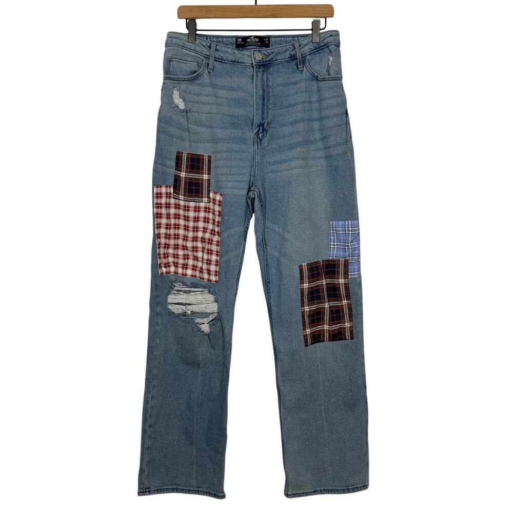 Hollister‎ Ultra High Rise Dad Jeans Womens Size 31 Blue Denim Patchwork Stretch